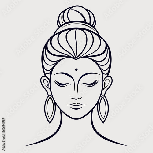 Minimalist line art drawing of a serene woman s face with eyes closed and ornate hair bun vector