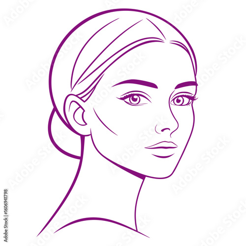Minimalist purple line art drawing of a woman's face and shoulders portrait 1