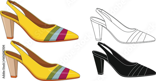 Slingback shoes yellow heel fashion footwear style elegant design outline vector art