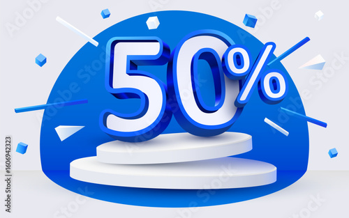 50 percent Off. Discount creative composition, mock up with podium. Sale banner and poster. Vector