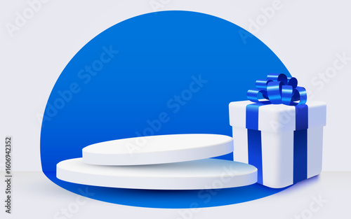 Podium with present box. Happy birthday, giveaway winner or sale announcement. Vector illustration