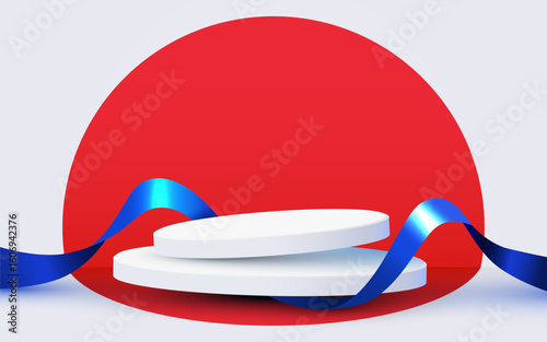 Podium scene background with ribbon. Product presentation, mock up. Winner stage pedestal or platform. Vector illustration