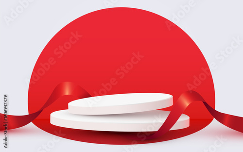 Podium scene background with ribbon. Product presentation, mock up. Winner stage pedestal or platform. Vector illustration
