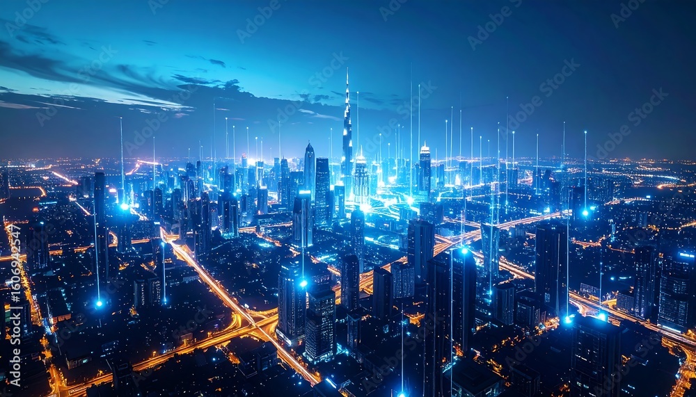 Fototapeta premium Aerial view of a futuristic city at night. Digital lines connect the buildings