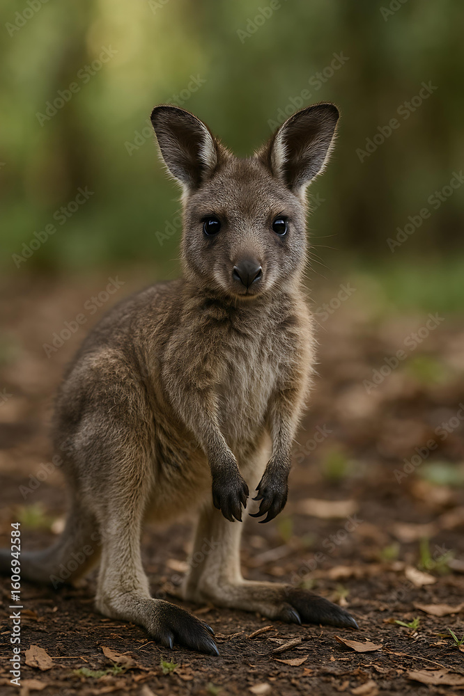 Fototapeta premium Cute Baby Kangaroo Hopping Around Green Australian Outback Landscape