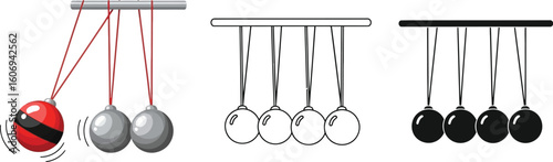 Newton cradle physics pendulum motion swinging spheres illustration design set