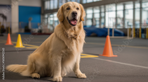Golden retriever resting in dog fitness area with training equipment, demonstrating active pet lifestyle and health commitment, excellent for pet care brands and canine fitness influencers.