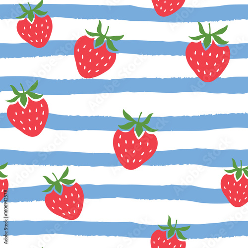 Red strawberries, stiped white and blue background. Vector illustration. Seamless pattern. Summer design. Garden sweet berry