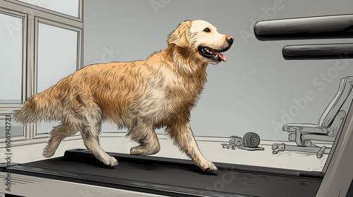 Illustrated golden retriever running on treadmill in dog gym, embodying canine vitality through fitness training, promoting pet health care and longevity, ideal for veterinary blogs and pet care brand