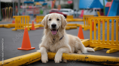 Happy golden retriever at dog training ground with cones and barriers, radiating health and joy, showcasing pet wellbeing through physical and mental exercise, perfect for canine fitness content.