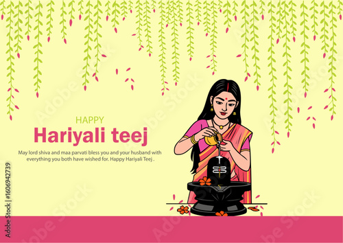 Happy Hariyali Teej Illustration with Woman Offering Milk to Lord Shiva