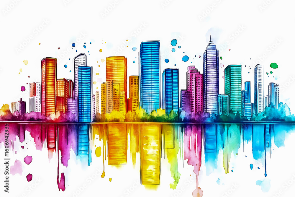 Fototapeta premium Colorful city skyline reflecting in water during a vibrant artistic interpretation of an urban landscape