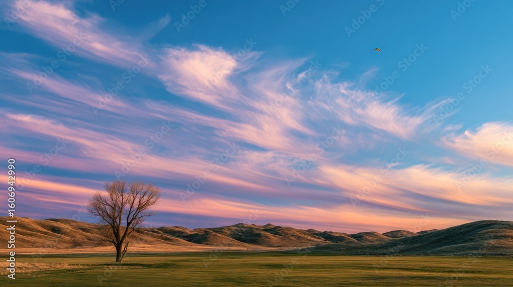 Scenic landscape featuring a tree, rolling hills, and vibrant sky with colorful, streaking clouds Scenic landscape featuring a tree, rolling hills, and vibrant sky with colorful, streaking clouds