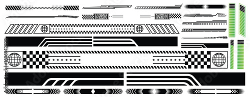 Black and white racing stripes and graphic elements with sport and globe symbols stars
