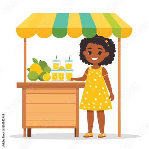 A young girl stands at a lemonade stand, smiling, with lemons and glasses of lemonade displayed.