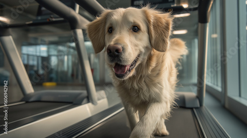 Happy golden retriever running on treadmill at dog gym, showcasing pet vitality through fitness, promoting health longevity with proper care and grooming, perfect for veterinary blogs and pet wellness