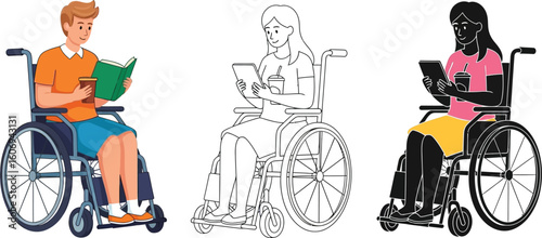Wheelchair users reading illustration disabled people accessibility inclusion vector