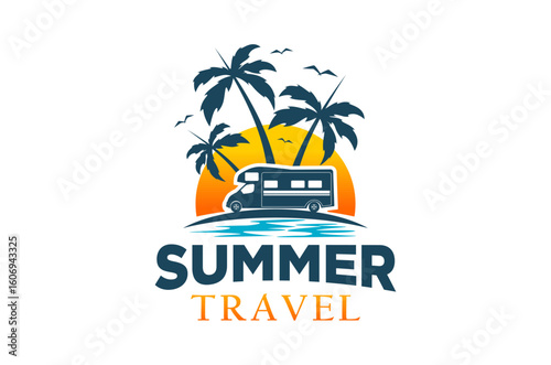Summer travel logo design featuring an RV on a beach at sunset with coconut trees and flying birds.