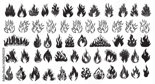 Collection of black fire flames in various styles and textures heat energy