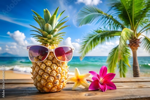 A cool pineapple wearing sunglasses sits on a wooden table at the beach with palm trees and the ocean in the background