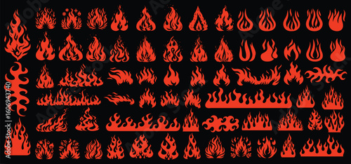 Diverse stylized flame shapes in red and orange hues fire flames