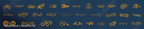 Elegant golden decorative swirls and flourishes on dark blue background ornate