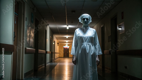Ghostly figure in white gown stands hauntingly in dimly lit hospital corridor, evoking sense of eerie suspense and fear. atmosphere is chilling, with shadows casting unsettling presence