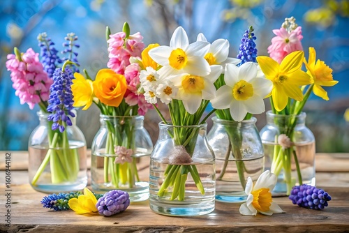 A vibrant collection of colorful spring flowers including daffodils and hyacinths are arranged in glass vases on a wooden surface