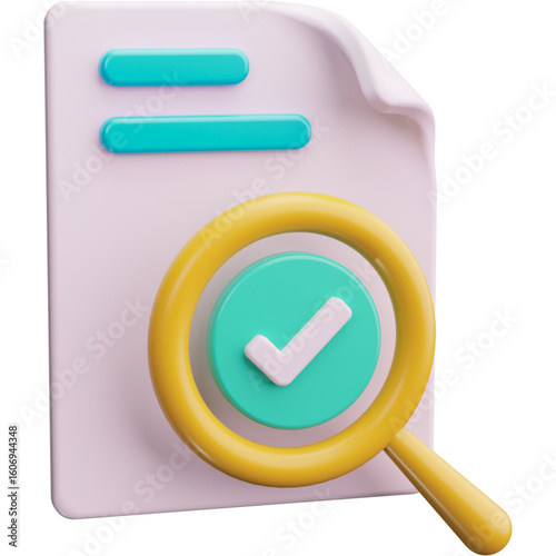 Successful audit and compliance review concept with a document under a magnifying glass showing an approval checkmark. 3D icon.