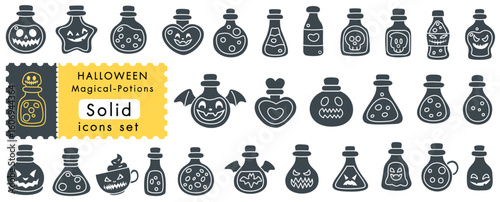 Halloween magical potions icons set with spooky bottles and jars for festive decoration and enchanting celebrations