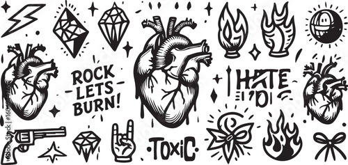 Anatomical hearts lightning bolts diamonds flames gun rock hand toxic bow sun vector