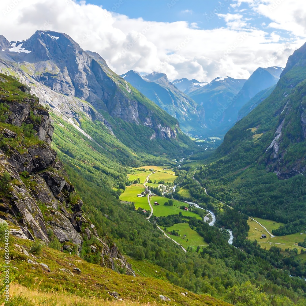 Naklejka premium Mountain valley view, lush green, winding river