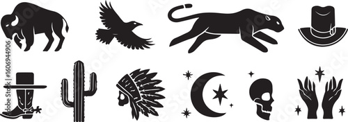 Bison eagle panther cowboy hat cactus skull moon hands boots