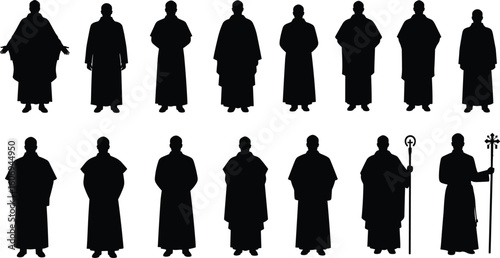Catholic Priest Silhouettes Set – Religious Clergy Figures in Robes and Vestments with Crosier, Catholic Church Vector