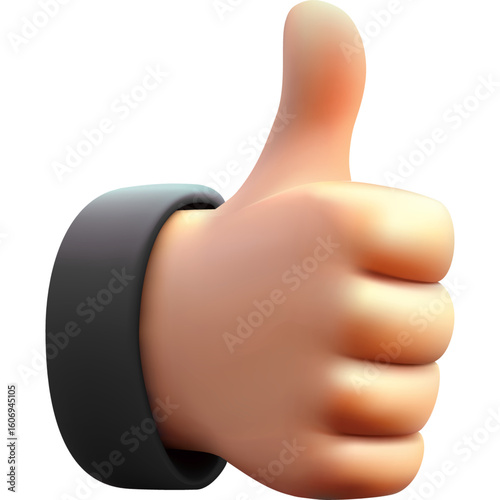 A 3D rendered hand icon showing a thumbs-up gesture, a universal symbol for approval, positivity, and agreement