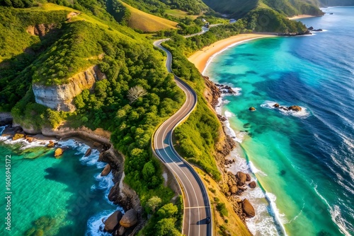 A winding coastal road curves along lush green hills overlooking a vibrant turquoise ocean
