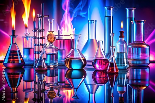 A dynamic laboratory setting with glassware, colorful liquids, and flames, set against a vibrant backdrop
