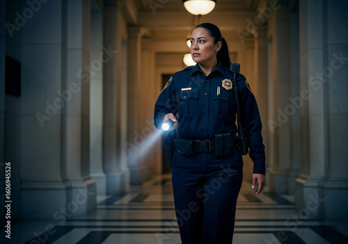 A female security guard in uniform walks through a dark, grand hallway of a government building at night, using a flashlight to patrol the area.