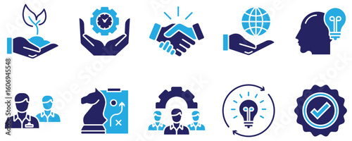 Corporate Core Values Icon Collection – Mission, Integrity, Vision, Honesty, Passion, Teamwork and Collaboration Symbols. vector stock.