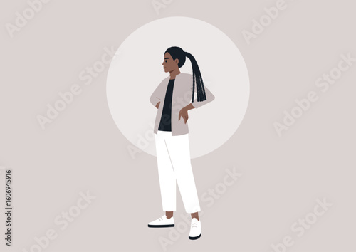An African female in her youth standing with her hands on her hips, embodying a casual and modern lifestyle of the millennial generation