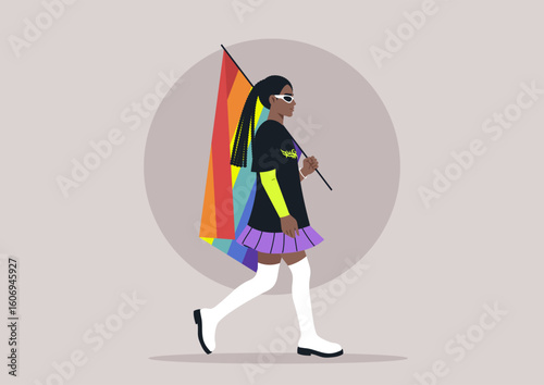 Pride month, rainbow flag carried by a young stylish character wearing fancy retro futuristic eye shades and a t-shirt with death metal logo