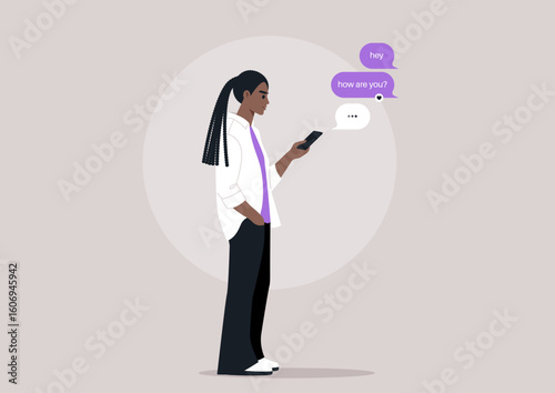 Casual Digital Conversation, A character Texting on their Phone, a millennial stands engrossed in a texting conversation on their smartphone