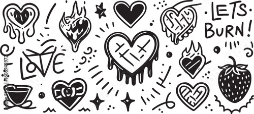 Dripping hearts burning stars and strawberry fire flame
