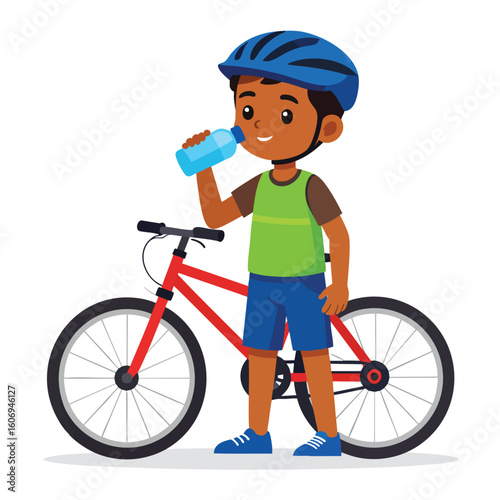 A young boy wearing a helmet drinks water while standing next to his red bicycle.
