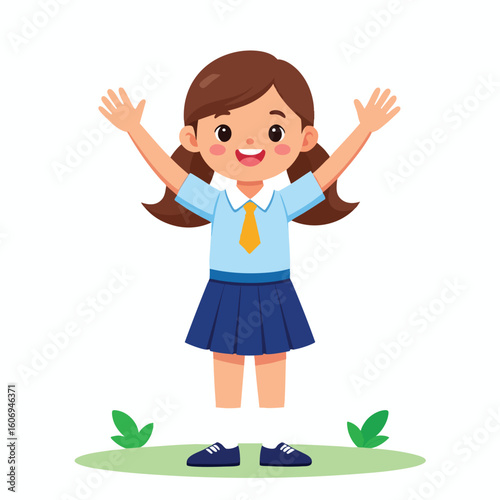 Cheerful schoolgirl with outstretched arms, wearing uniform, standing on grass.