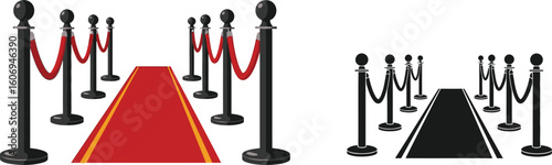Red carpet event vector illustration with velvet ropes and stanchions party design