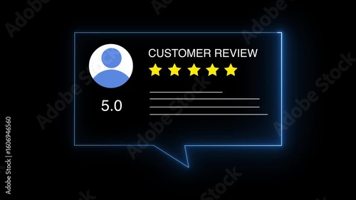 Glowing neon Rating 5 stars icon animation. animation customer review concept, character giving five star feedback on neon rectangle. animated customer satisfaction rating
