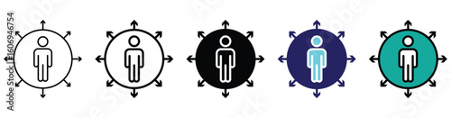 Person with Outward Arrows Icon Set – Leadership, Influence, and Social Network Concept in Multiple Styles

