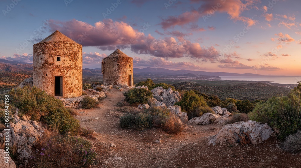 Fototapeta premium Coastal panorama at dusk with two weathered stone windmills atop a hill