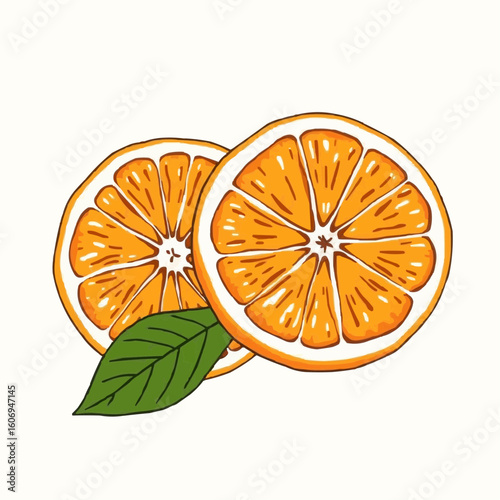 Sliced orange fruit with green leaves on light background  